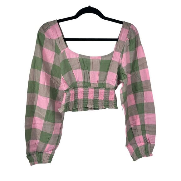 BP Pink & Green Buffalo Check‎ Long Sleeve Crop Top - Picture 1 of 7